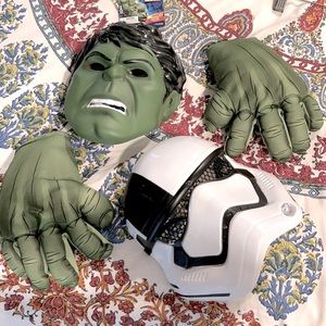 NWT Hulk mask with gloves (also new) and preowned storm trooper mask 3+